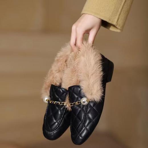 西村名物 【羊皮免毛】秋冬季经典小香风萎格纹时装毛毛鞋百搭保暖乐福鞋T22CM38331 商品图1