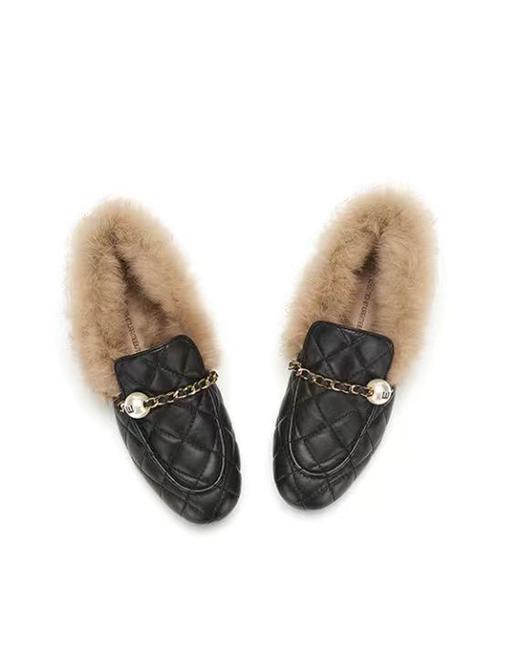 西村名物 【羊皮免毛】秋冬季经典小香风萎格纹时装毛毛鞋百搭保暖乐福鞋T22CM38331 商品图8