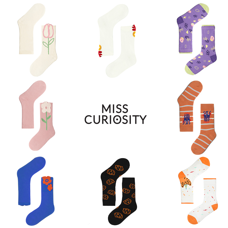 好奇蜜斯日系夏薄款袜子女街头潮中筒棉袜无骨外穿ins多巴胺彩色