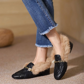 西村名物 【羊皮免毛】秋冬季经典小香风萎格纹时装毛毛鞋百搭保暖乐福鞋T22CM38331