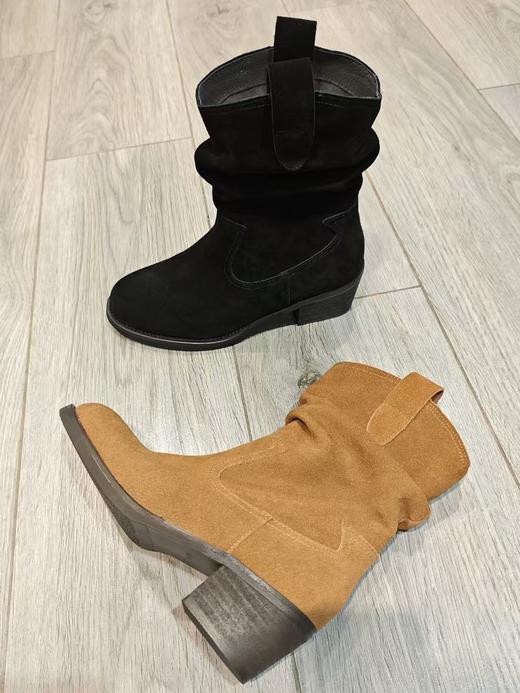 西村名物2025年冬季新款舒适中跟粗跟绒面弹力短靴时装靴U25DS49701 商品图5