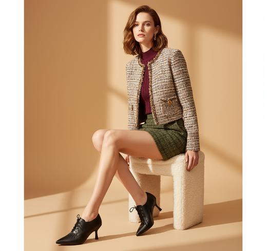 西村名物2025年秋季新款细高跟小尖头舒适原皮面深口鞋小短靴X25CM31851 商品图2