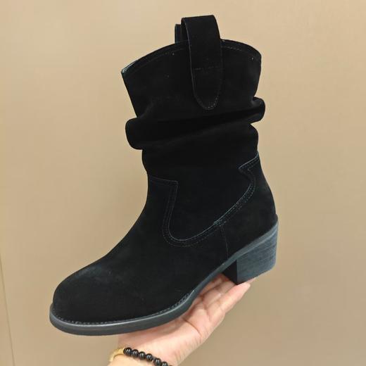 西村名物2025年冬季新款舒适中跟粗跟绒面弹力短靴时装靴U25DS49701 商品图0