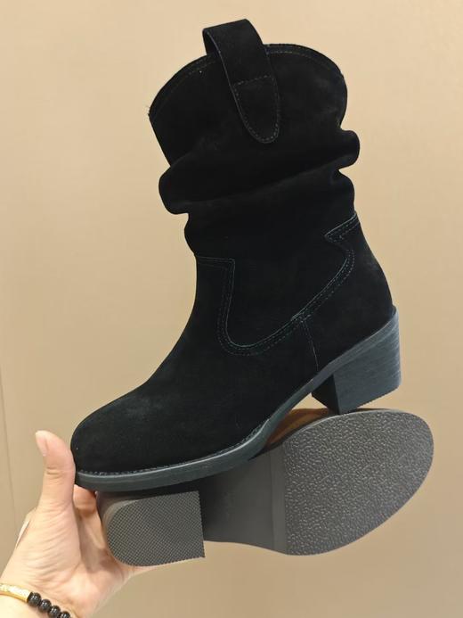 西村名物2025年冬季新款舒适中跟粗跟绒面弹力短靴时装靴U25DS49701 商品图4