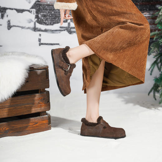 Westory2025年冬季圆头平底勃肯鞋复古磨砂胎牛皮深口鞋毛毛鞋W25DM85721 商品图6