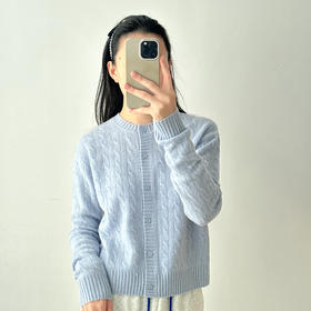 baby蓝羊毛羊绒复古绞花麻花针织毛衣开衫