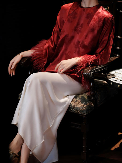 盛唐牡丹 |勃艮第红冠乐绉斜襟上衣 商品图4