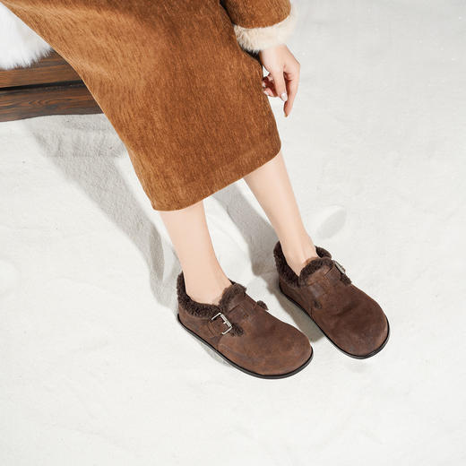 Westory2025年冬季圆头平底勃肯鞋复古磨砂胎牛皮深口鞋毛毛鞋W25DM85721 商品图7