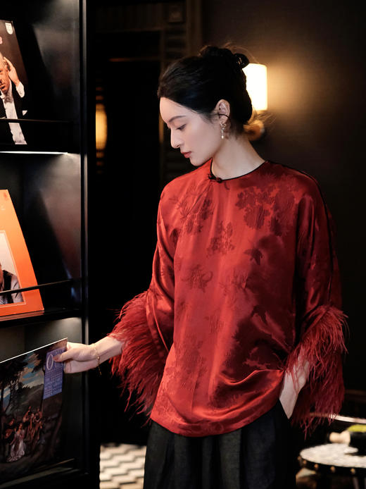 盛唐牡丹 |勃艮第红冠乐绉斜襟上衣 商品图1