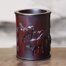 八骏图°黑檀小笔筒