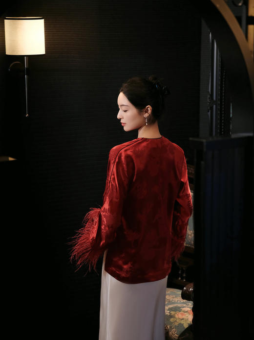 盛唐牡丹 |勃艮第红冠乐绉斜襟上衣 商品图7