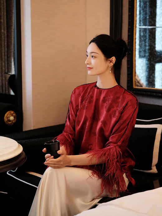 盛唐牡丹 |勃艮第红冠乐绉斜襟上衣 商品图2