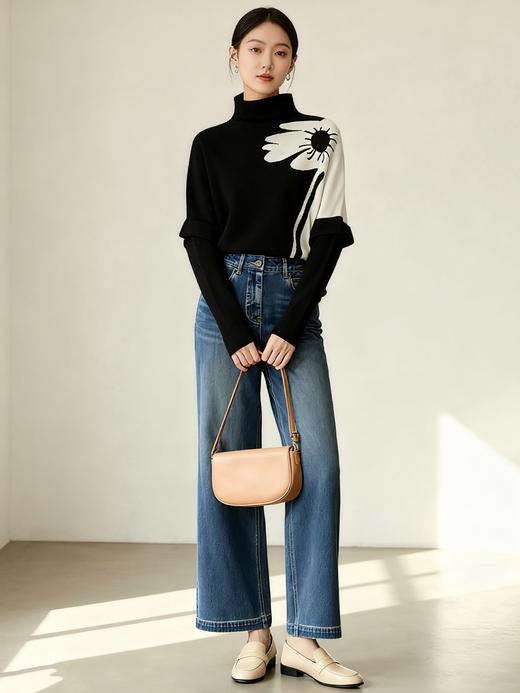 臣禾	【锦上添花毛衫】半高领撞色花朵套头针织衫	JZ253091575 商品图3