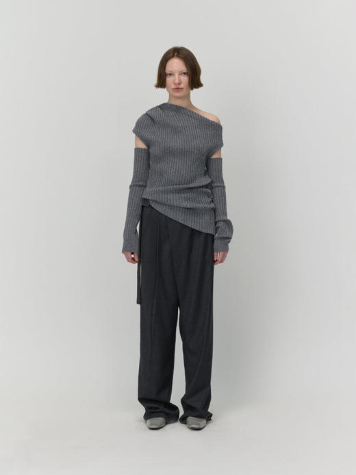 褶皱斜肩毛织上衣 商品图0