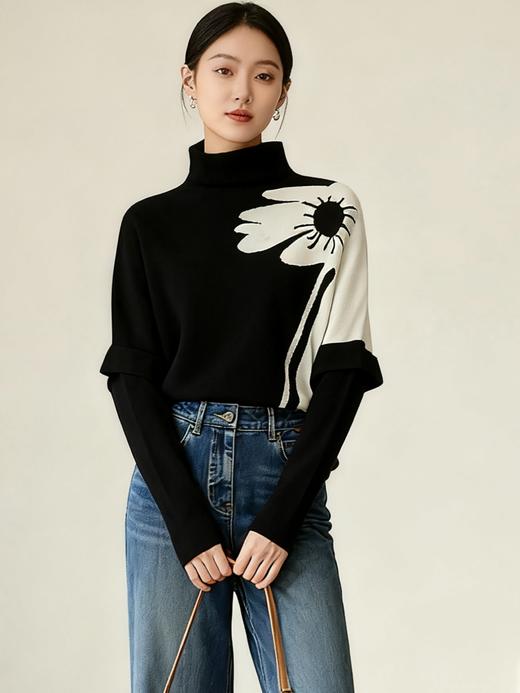 臣禾	【锦上添花毛衫】半高领撞色花朵套头针织衫	JZ253091575 商品图1