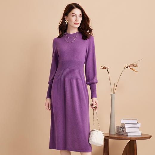 EITIE爱特爱冬季新款100%绵羊毛时尚气质收腰显瘦长袖针织连衣裙7601307 商品图6