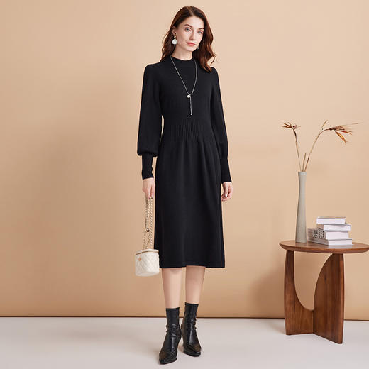 EITIE爱特爱冬季新款100%绵羊毛时尚气质收腰显瘦长袖针织连衣裙7601307 商品图4