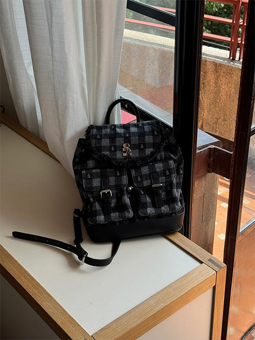 Tagi 格纹想象牛仔束口双肩包 抽绳包双口袋流苏大容量束口双肩包 商品图4