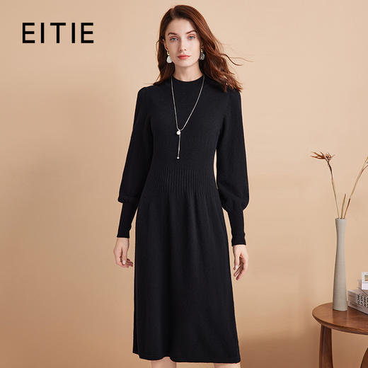 EITIE爱特爱冬季新款100%绵羊毛时尚气质收腰显瘦长袖针织连衣裙7601307 商品图0