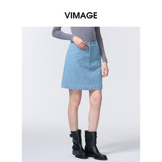 维修下架-VIMAGE纬漫纪水蓝色小A字时尚减龄短款半裙V2406117 商品图2