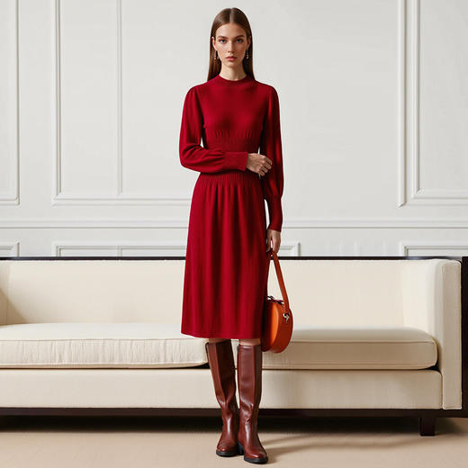 EITIE爱特爱冬季新款100%绵羊毛时尚气质收腰显瘦长袖针织连衣裙7601307 商品图12