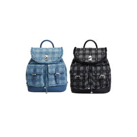 Tagi 格纹想象牛仔束口双肩包 抽绳包双口袋流苏大容量束口双肩包