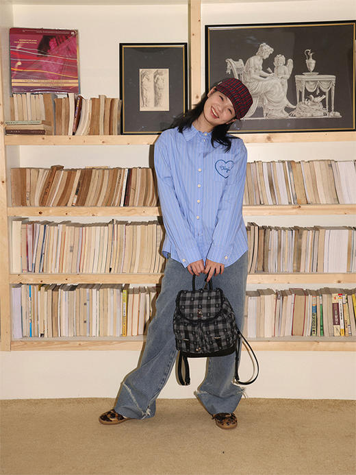 Tagi 格纹想象牛仔束口双肩包 抽绳包双口袋流苏大容量束口双肩包 商品图2