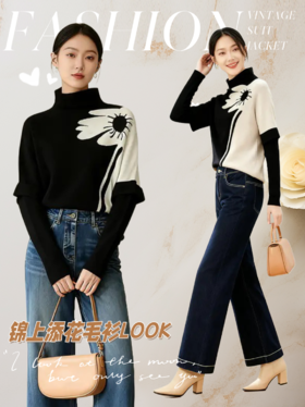 臣禾	【锦上添花毛衫】半高领撞色花朵套头针织衫	JZ253091575