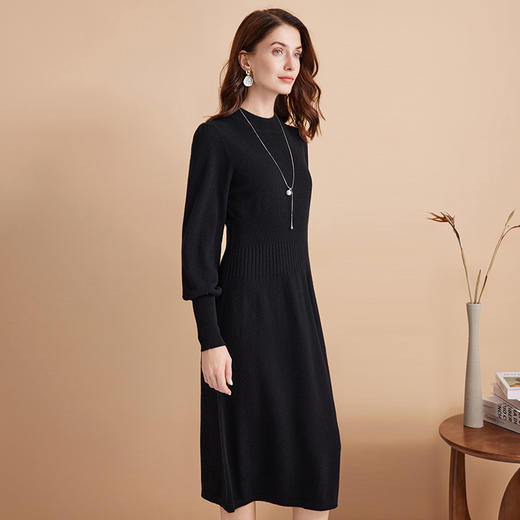EITIE爱特爱冬季新款100%绵羊毛时尚气质收腰显瘦长袖针织连衣裙7601307 商品图3