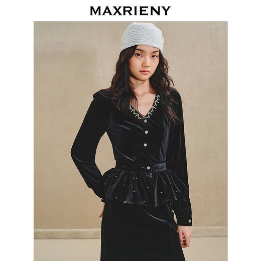 MAXRIENY浪漫复古v领丝绒连衣裙24冬款法式长裙小黑裙party小礼裙(货号:MS85DR516) 商品图2