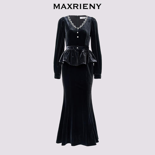 MAXRIENY浪漫复古v领丝绒连衣裙24冬款法式长裙小黑裙party小礼裙(货号:MS85DR516) 商品图4