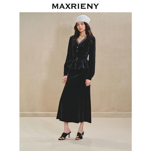 MAXRIENY浪漫复古v领丝绒连衣裙24冬款法式长裙小黑裙party小礼裙(货号:MS85DR516) 商品图1