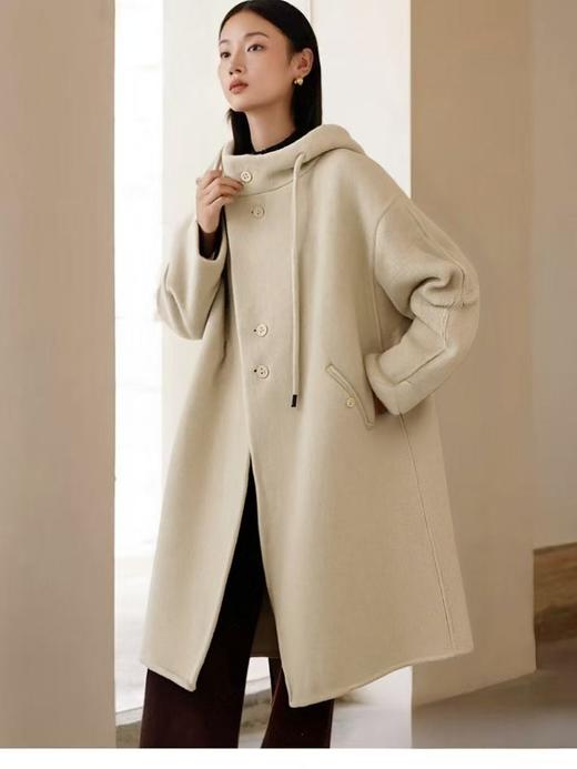 【轻奢双面尼】2513（100%澳洲超细羊毛）连帽休闲褶皱袖中长双面尼大衣-喜出 商品图2