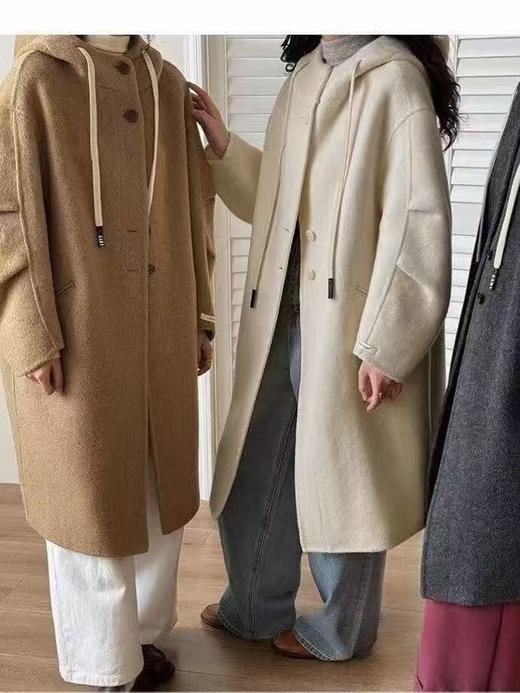 【轻奢双面尼】2513（100%澳洲超细羊毛）连帽休闲褶皱袖中长双面尼大衣-喜出 商品图1