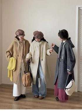 【轻奢双面尼】2513（100%澳洲超细羊毛）连帽休闲褶皱袖中长双面尼大衣-喜出