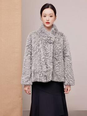 【环保皮草】P09立领灰色剪花皮毛一体秋冬大衣外套-喜出