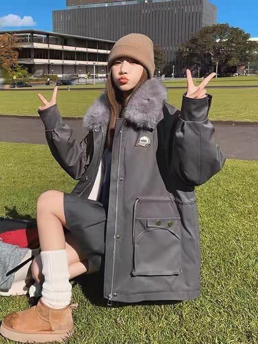 🔥🔥加绒【环保皮草】秋冬工装风加绒中长棉服-喜出 商品图1