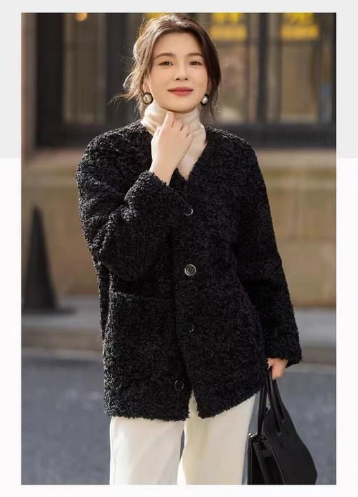 【环保皮草】P11 V领黑色卷卷毛皮毛一体秋冬大衣外套-喜出 商品图1