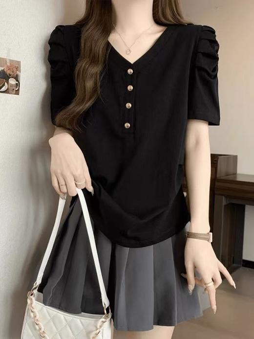 11.11最后促，不参与退货清仓处理！95%粘胶纤维夏季褶皱袖金扣短袖T恤-喜出 商品图1