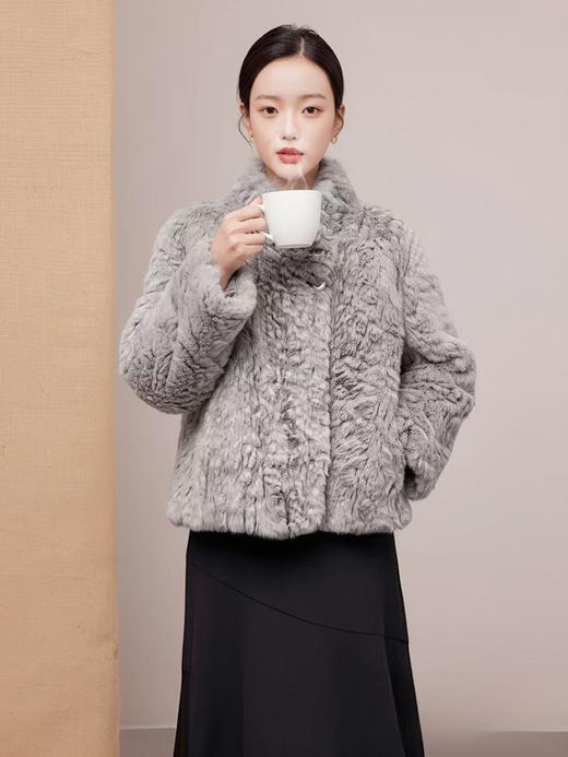 【环保皮草】P09立领灰色剪花皮毛一体秋冬大衣外套-喜出 商品图1