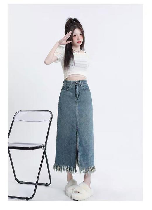 女王节抢购价-不支持退 不支持退货【半裙】复古做旧2133流苏100%棉前开叉牛仔半身裙-喜出 商品图0