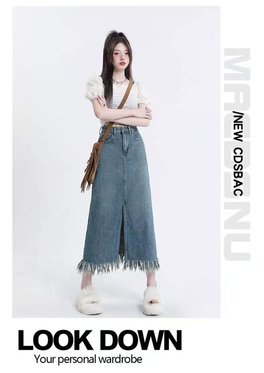 女王节抢购价-不支持退 不支持退货【半裙】复古做旧2133流苏100%棉前开叉牛仔半身裙-喜出 商品图1