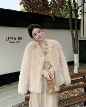 【环保皮草】P07杏色V领皮毛一体秋冬大衣外套-喜出