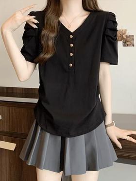 11.11最后促，不参与退货清仓处理！95%粘胶纤维夏季褶皱袖金扣短袖T恤-喜出