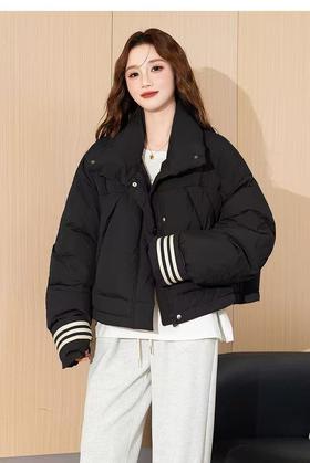 蓬松保暖【羽绒服】韩版小泡芙卷边袖可抽绳短款面包羽绒服-喜出