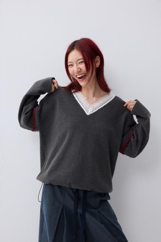 V领蕾丝边抽绳下摆宽松套头毛衣 商品图0