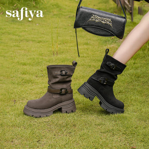 预售|Safiya/索菲娅2025小个子厚底增高皮带扣百搭复古中筒堆堆西部靴SFD4116M69 商品图7