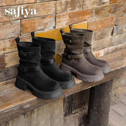 预售|Safiya/索菲娅2025小个子厚底增高皮带扣百搭复古中筒堆堆西部靴SFD4116M69 商品图3