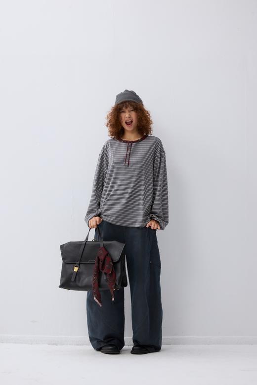 撞色亨利领宽松针织套头衫 商品图0