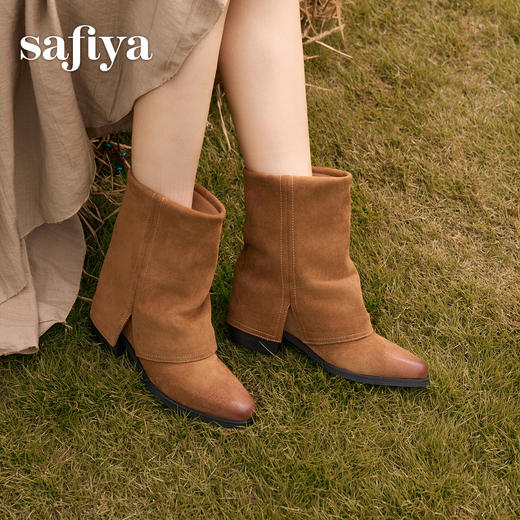 预售|Safiya/索菲娅2025小众设计感时尚粗跟尖头百搭显瘦裤管西部靴SFD4116412 商品图3